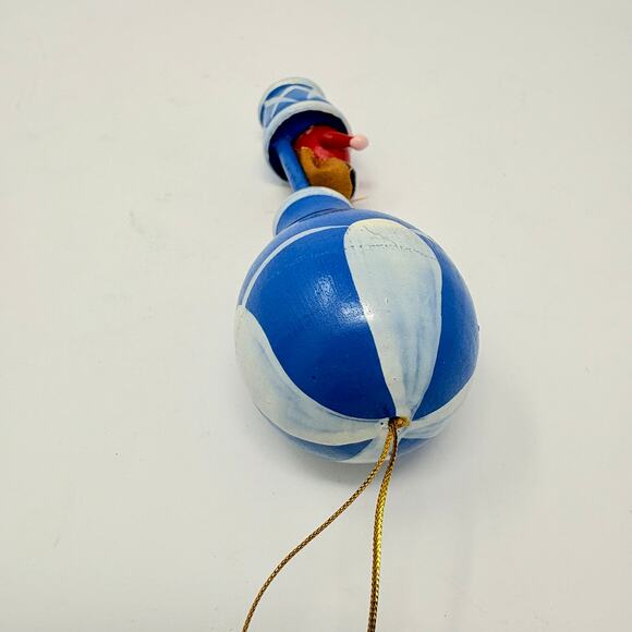 Vtg Hot Air Balloon Wooden Christmas Ornament Blue and White w/ Figure 4" - Picture 3 of 5
